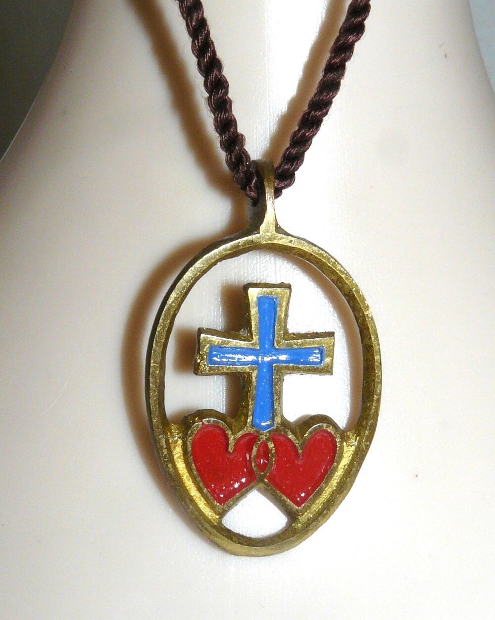 Vtg Signed Heart Pendant Necklace Cross 2 Red Hearts Brown Cord Gold-Tone Israel